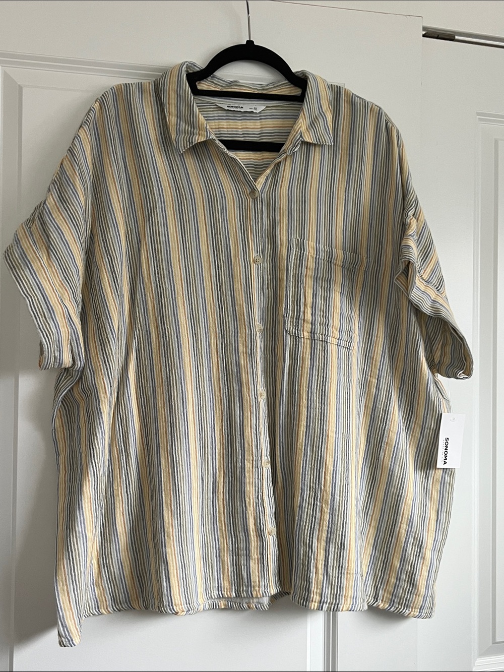 New! Sonoma Short-Sleeve Stripe Button-Up Shirt - Yellow, Gray, Blue, oversized